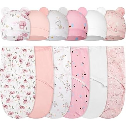 Ramede 6 Pack Baby Swaddle Blanket with Hats Sleep Swaddle for 0-3 Months Newborn Sacks Soft Cotton Wearable for Baby Boy Girl Sleeping(Pink, Animal)