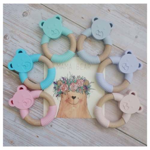 Bear Silicone and Natural Wood Teether Teething Ring Baby