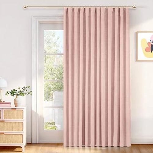INOVADAY 100% Blackout Curtains for Bedroom, Black Out Curtains 84 Inch Long, Clip Rings Linen Blackout Drapes, Thermal Insulated Room Darkening for Living Room, 1 Panel - Blush Pink,W102xL84