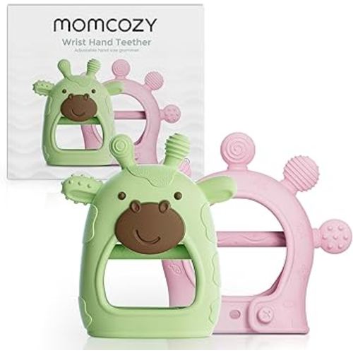 Momcozy Baby Teether Toys | Food Grade Silicone Teething Relief 0-6 Months | Essential Toy 6-12 Months | Green and Pink