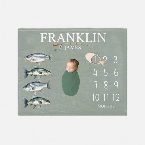 Freshwater Fish Baby Milestone Blanket, Baby Milestone Blanket, Monthly Baby Blanket, Fishing Baby Blanket, Fish Nursery O48
