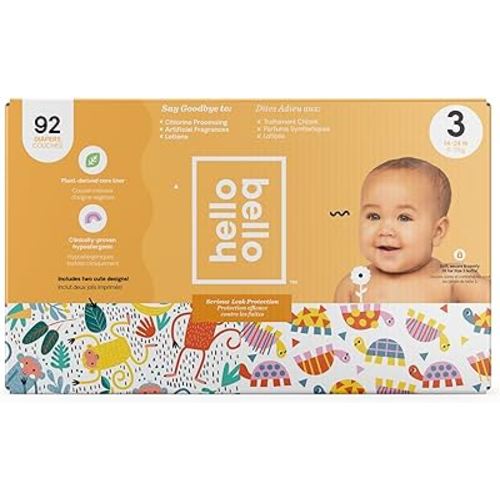 Hello Bello Diapers, Size 3 (14-24 lbs) - 92 Count of Premium Disposable Baby Diapers in Monkeys & Turtles Designs - Hypoallergenic with Soft, Cloth-Like Feel