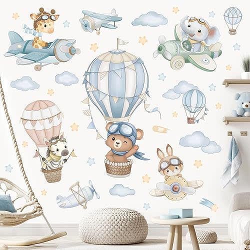 wondever Watercolor Hot Air Balloon Animals Wall Stickers Airplane Bear Elephant Cloud Peel and Stick Wall Art Decals for Kids Baby Nursery Bedroom