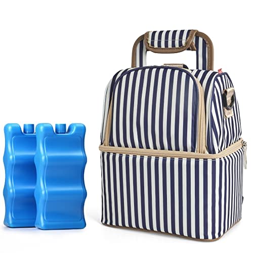 NCVI Breastmilk Cooler Bag with 2 Ice Pack, Breast Pump Bag with Cooler Fits 6 Bottles, Double Layer Breast Milk Baby Bottle Cooler Bag, for Travel, Nursing Mom Daycare, Work, Picnic (Stripe)