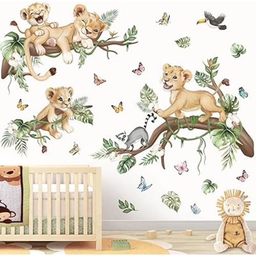 wondever Safari Animal Lions Wall Stickers Jungle Animals Tree Branch Butterfly Peel and Stick Wall Art Decals for Baby Nursery Kids Bedroom Living Room