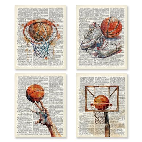 KSDUT Retro Basketball Wall Decor Art Set of 4 - Vintage Artwork Poster Prints Gym Club Wall Decor Basketball Gifts Wall Art for Office Games Sports Room Decorations - 8"x10" Unframed