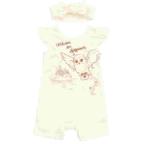 Harry Potter Hedwig Owl Newborn Baby Girls French Terry Romper and Headband White 6-9 Months