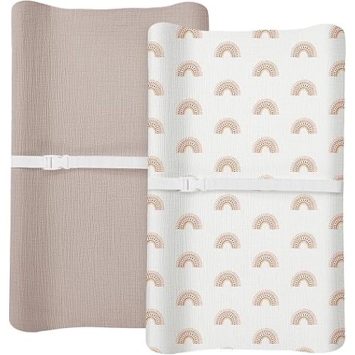 Changing Pad Cover for Baby Boy Girl 2 Pack, Muslin Changing Table Pad Covers with Boho Style, Neutral Nursery Bedding Essentials Soft and Breathable(Beige & Rainbow)