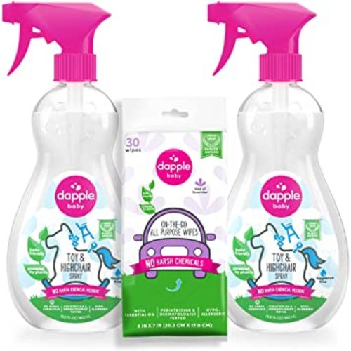 Dapple Toy & Highchair Cleaning Spray Baby, Fragrance Free, 16.9 Fl Oz Bottle (Pack of 2) + 30 Count All Purpose Wipes Pouch, Lavender - Plant Based Spray & Hypoallergenic Cleaning Wipes