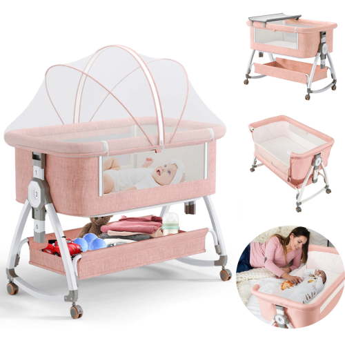 4-in-1 Baby Bassinet, Infant Bedside Crib, Changing Table, Storage & Wheels, Light Pink