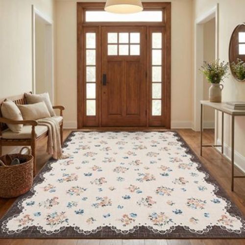 Garvee Floral Area Rug Washable Vintage Bordered Non Slip Low Pile Rug Soft Stain Resistant Carpet Rugs for Living Room Bedroom