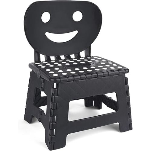 ACSTEP Folding Step Stool with Back Support for Kids,9" Kids Step Stool for Outdoor or Indoor Kitchen Step Stools and Bathroom Stool for Toddlers Boys Girls - Black