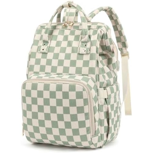 Baby Diaper Bag Backpack for Mom, Large Capacity Travel Nappy Bag for Boys & Girls with Stroller Straps (Corduroy Checkered Green)