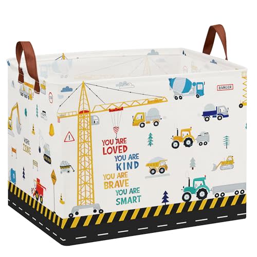 Construction Nursery Decor Hamper Car Baby Gift Basket Transport Trucks Excavators Toy Box Bin Empty Larger Rectangular Kid Clothes Book Shelf Toy Organizer Bin for Baby Boys