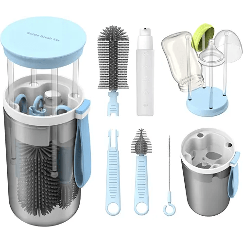Travel Baby Bottle Brush Set with Extendable Liquid Silicone Bottle Brush,Nipple Brush,Built-in Bottle Drying Rack,Straw Cleaner Brush,Baby Bottle Soap Dispenser,Bottle Warmer (Blue)