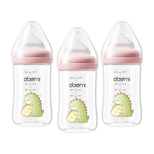 Oberni 240ml Baby Bottles, 8 Oz Wide-Neck Milk Feeding Bottle with Size"M" Teat for 3-6 Months Newborn Babies Pink/3 Pack