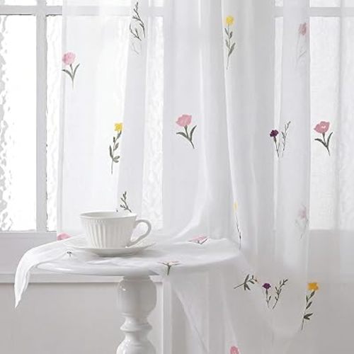 Tegeme 2 Panels Embroidered Sheer Floral Curtains 84 Inches Long White Wildflowers Voile Tulle Cottagecore Linen Semi Window Decor for Bedroom Living Room Nursery