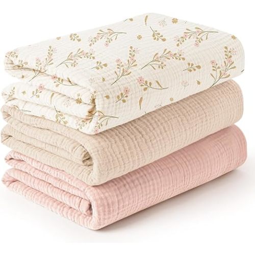 Konssy 3 Pack Muslin Swaddle Blankets for Unisex, Newborn Receiving Blanket, Large 47 x 47 inches, Soft Breathable Muslin Baby Swaddles for Boys & Girls