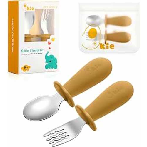 Toddler Utensils, Toddler Forks and Spoons, Baby Spoons Self Feeding, Stainless Steel Baby Silverware with BPA Free Silicone Easy Grip, 8 Months+