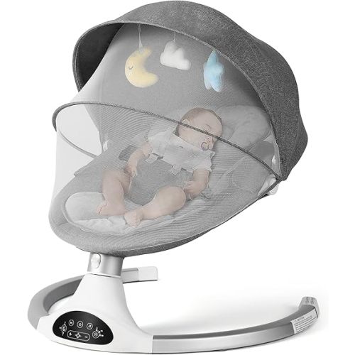 Baby Swing for Infants, Baby Rocker with 5 Point Harness, Bluetooth Support, 10 Preset Lullabies and 3 Speeds with Remote Control, Infant Swing for Baby Boy Girl Up to 20 lbs, Grey