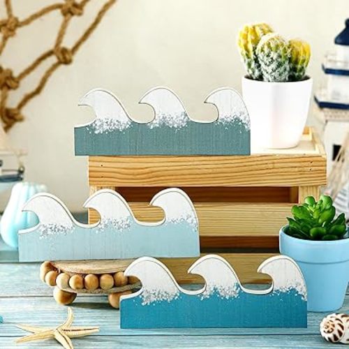 Qunclay 3 Pcs Coastal Table Decor Wooden Waves Ocean Decor Summer Beach Tiered Tray Blue Wave Sign Centerpieces for Table Home Office Bedroom Nursery