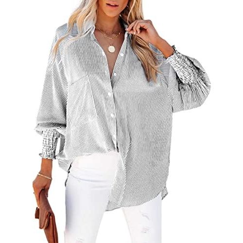 Womens Smocked Cuffed Striped Boyfriend Shirt Casual Collar Long Sleeve Oversized Button Down Blouse Tops with Pocket Shirred