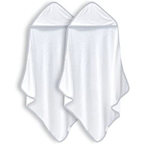 BAMBOO QUEEN 2 Pack Baby Bath Towel - Rayon Made from Bamboo, Ultra Absorbent - Ultra Soft Hooded Towels for Boy and Girl (White and Stripe, 30 x 30 Inch)
