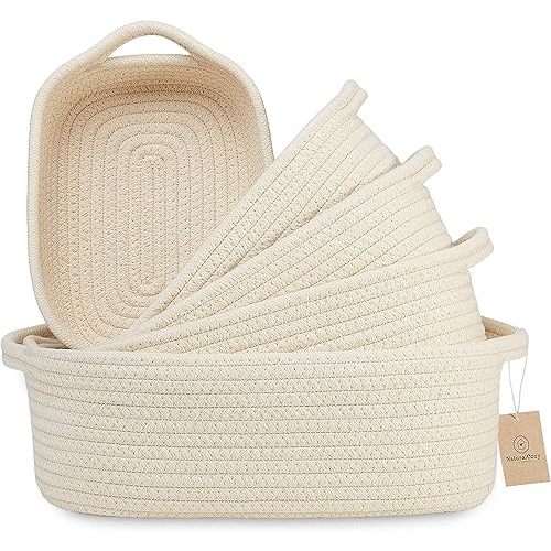 NaturalCozy 5-Piece Rectangle Storage Basket Set- Natural Cotton Rope Woven Baskets for Organizing! Small Basket for Montessori, Baby Nursery, Dog Toy Baskets, Cat Toy Box, Bathroom Organization Bin
