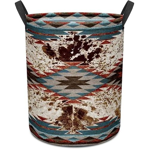 Western Aztec Cow Print Baby Laundry Hamper,Laundry Basket,Waterproof Storage Bin for Bedroom,Clothes Organizer Basket,Toys Box,Room Decor