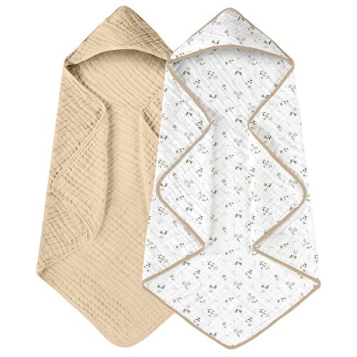Yoofoss Hooded Baby Towels for Newborn 2 Pack 100% Muslin Organic Cotton Baby Bath Towel with Hood for Babies, Infant, Toddler and Kids, Large 32x32Inch, Soft and Absorbent Newborn Essential