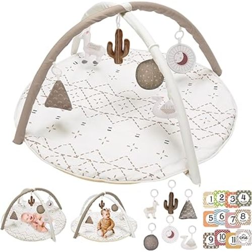 Tummy Time Mat with 6 Toys, Macrame Baby Play Mat for Newborn, Baby Gym with 12 Milestone Cards, Stage-Based Sensory and Motor Skill Development Baby Play Gym, Non Slip Mat Washable, Khaki