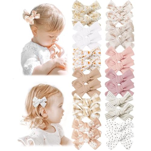 Niceye Baby Hair Clips - 24 Pcs Fully Lined Hair Bow Clips for Fine Hair Cotton Tiny Hair Barrettes for Infants, Toddlers, and Little Girls