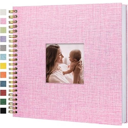 Scrapbook Photo Album Linen Cover, 12 x 12 Inch Hardcover Kraft White Pages Memory Book, for Travel Wedding Guest Book Christmas Baby Shower (40 Sheets/ 80 Pages,Pink)