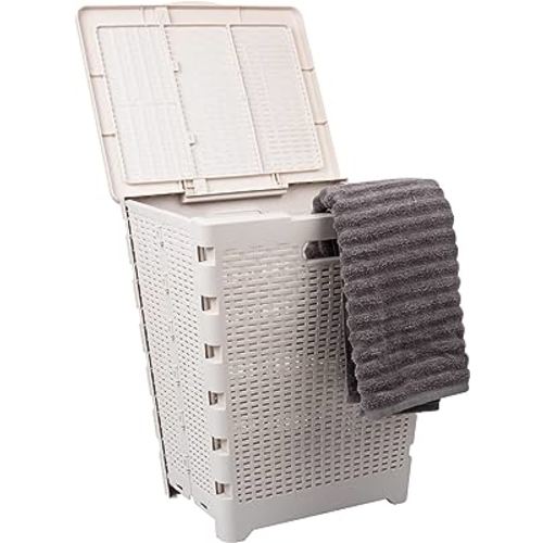 Mind Reader 61L Foldable Laundry Hamper, Clothes Basket, Lid, Wicker Design, Plastic, 18"L x 14.5"W x 21.25"H, Ivory