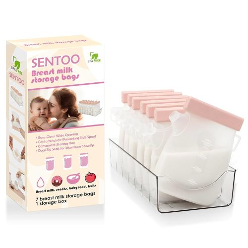 7 Pcs Breastmilk Storage Bags with a Fridge Organizer Bin, Reusable Breastfeeding Essentials, 11oz/320ml Double Leak-Proof Breastmilk Freezer Bags for Breastfeeding, Postpartum Essentials