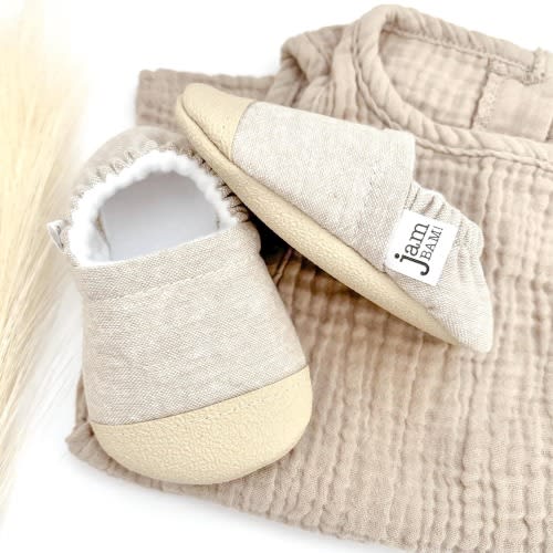 Oatmeal Linen Blend Baby Booties: Soft Sole Moccasins