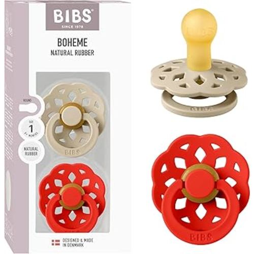 BIBS Boheme Pacifier 2-Pack. BPA Free, Round Nipple. Natural Rubber Latex, Made in Denmark, Size 1 (0-6 Months) - Vanilla/Candy Apple