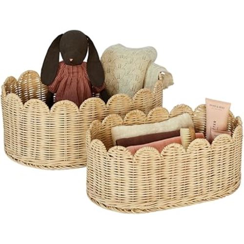 Premium Scalloped Basket Set Of 2 - Scallop Basket - 16 x 10 x 7 Inch - Hand-Woven Elegant Wicker With Scalloped Edge - Nursery Storage (Natural)
