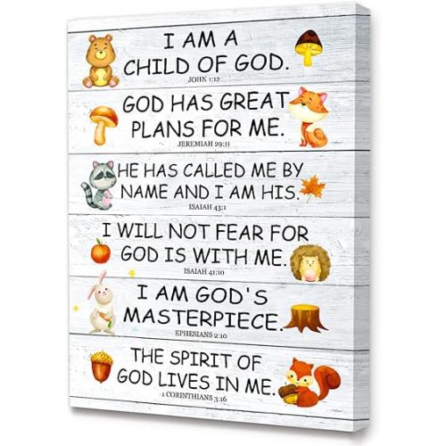 LISTNGBO Bible Verses Canvas for Kids, I Am Child Of God Scripture Wall Art, Christian Religious Wall Decor, Ready to Hang for Nursery/Classroom/Bedroom, 12" x 15