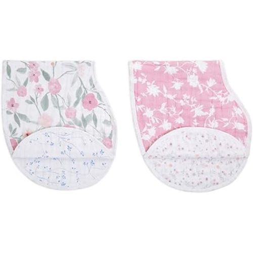 aden + anais 100% Cotton Muslin Burpy Bib – Multi-Use, Absorbent 4-Layer Burp Cloth and Full-Coverage Snap-Closure Baby Bib in One, Lap-Shoulder Drool Cloth, 22.5” X 11”, 2-Pack, Mon Fleur