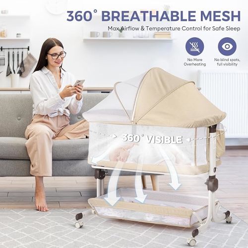 Baby Bassinet Bedside Sleeper, Upgraded Stability Bedside Crib with Full Mesh Sides, Soft Sheet, 6-Height Adjustment, Storage Basket, Easy Folding Portable Bassinet for Newborns, Beige