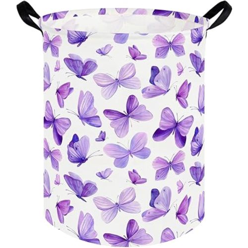 Butterfly hamper,Purple Laundry Basket,Baby Nursery Hamper,Waterproof foldable girls toy storage box,Dirty Clothes Hampers,Flower house decor(Purple Butterflies)