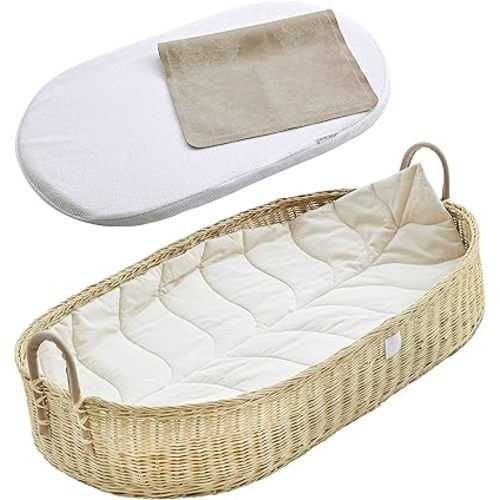 Premium Baby Changing Basket - Handmade Natural Rattan Moses Basket - Luxury Leaf Liner - Thick & Waterproof Bamboo Pad - Vegan Leather Baby Changing Mat - Baby Changing Pad (Rattan)