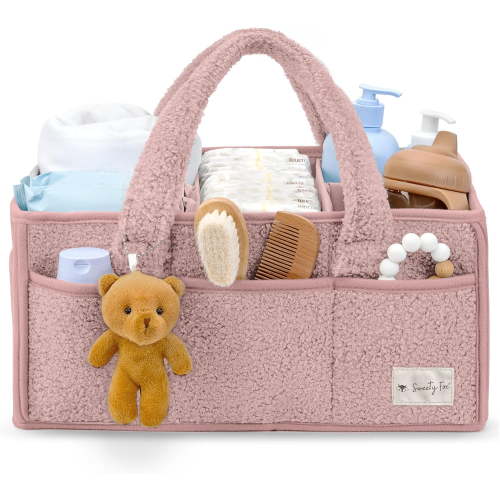 Sweety Fox Baby Diaper Caddy Organizer with Handle - Portable Soft Sherpa Nursery Basket Bag - Great for Car and Home - Pink