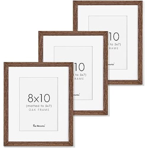 Solid Oak Wood Frame 8x10, 8 x 10 Frame Set of 3, 8"x10" Photo Frames with Stand, 8 by 10 Frame for Wall & Tabletop Display, 8x10 Wood Frame, Walnut Color
