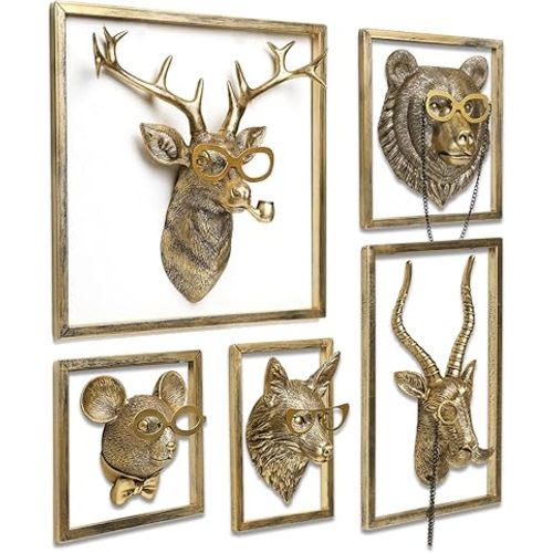 Animal Heads Wall Decor (5pcs, Includes Metal Frame) Resin Animals Sculptures Head Wall Hanging Decoration Gold vintage Wall Sculpture for Living Room Bedroom Office