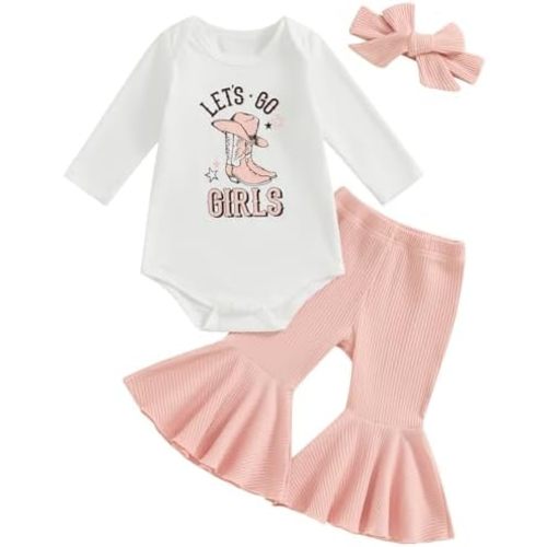Baby Girls Western Clothes Set Let's Go Girls Bodysuit Ribbed Flared Pants Headband 3pcs Cowgirl Outfit