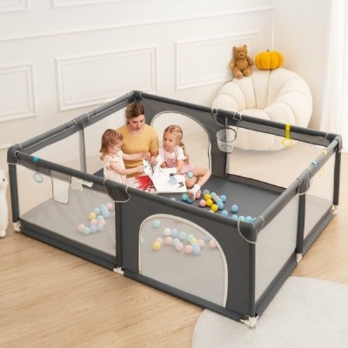 GOTGELIF 71"x59" 4-Panel Baby Playpen Spacious & Secure Foldable Playard Gray