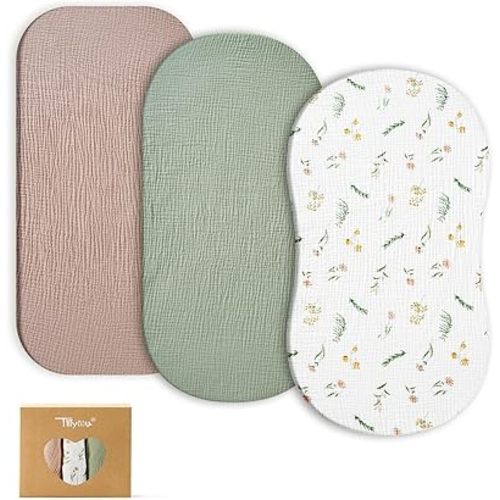 TILLYOU Muslin Bassinet Sheets for Baby Boys Girls 3 Pack, Soft Breathable Elastic Cotton Bassinet Mattress Sheets, Fit Hourglass Oval Rectangle Cradle Mattress, 33"X17",Daisy