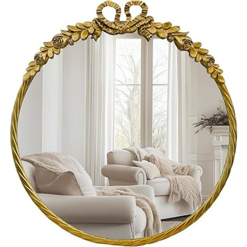 Antique Round Mirror, 28''Baroque Style Vintage Mirror Metal Frame Ornate Circle Wall Mirrors for Bathroom, Living Room or Bedroom,Retro Gold